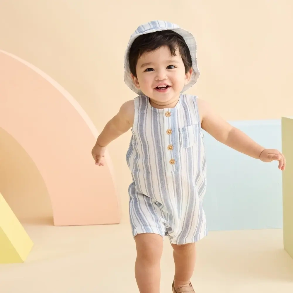 【Little Me】藍色條紋休閒短兔裝/帽子