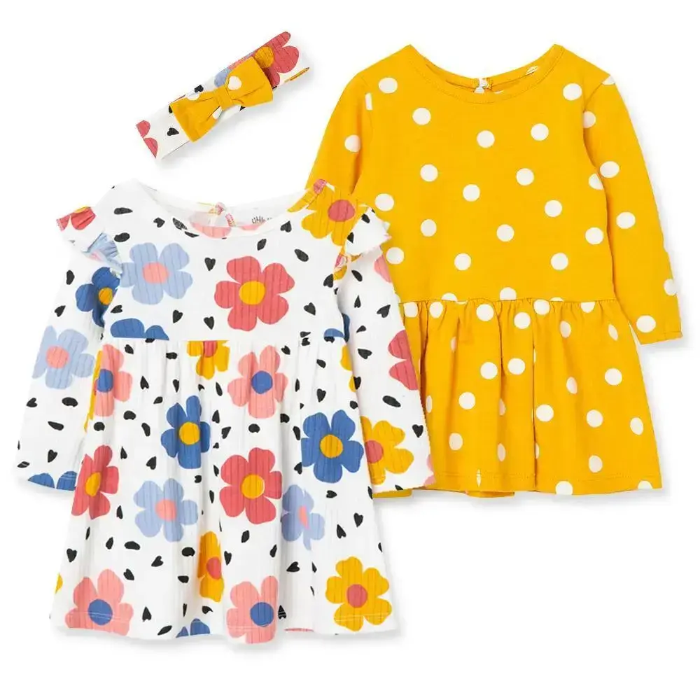 【Little Me】繽紛花朵長袖洋裝二入/髮帶