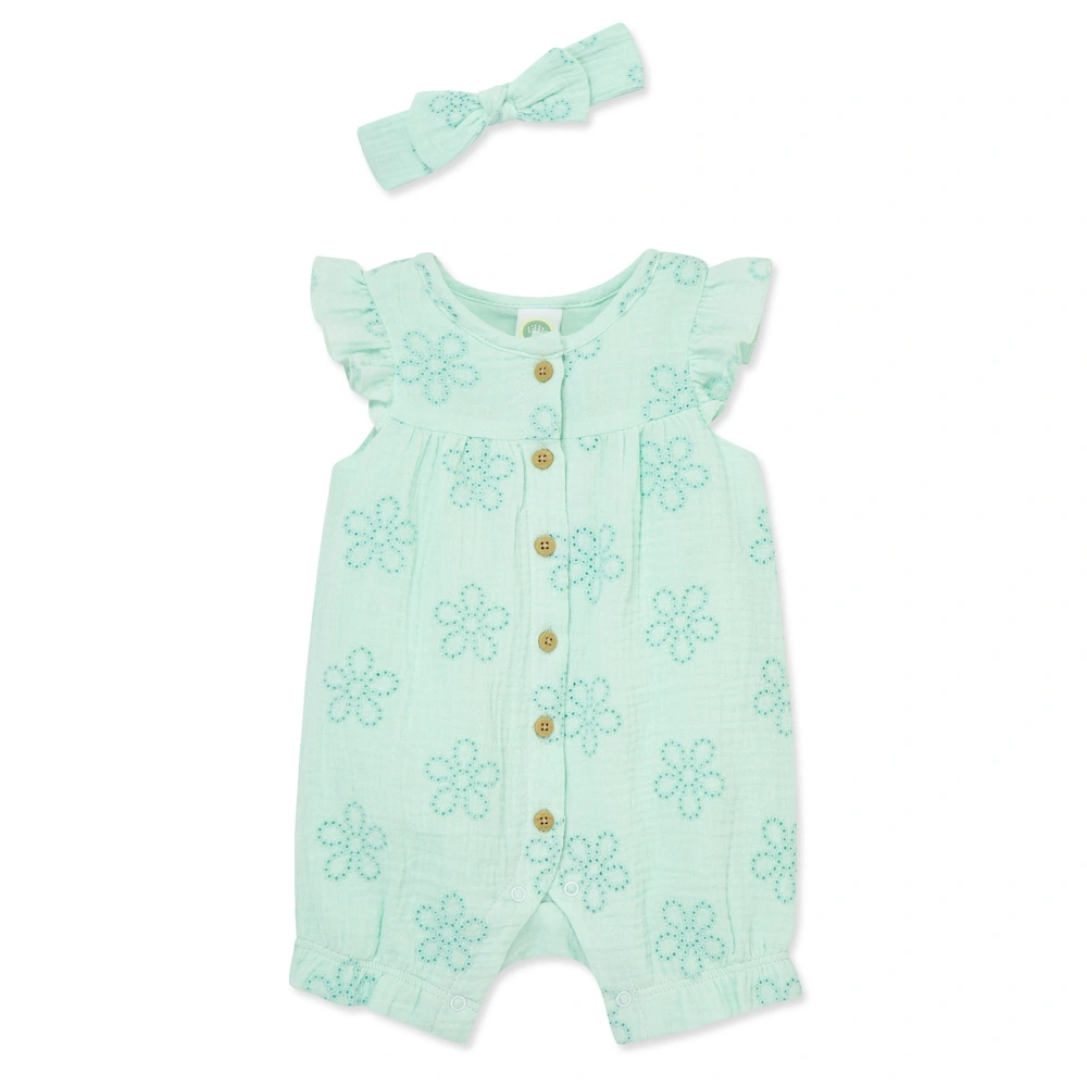 【Little Me】綠色洞洞花朵短兔裝/髮帶