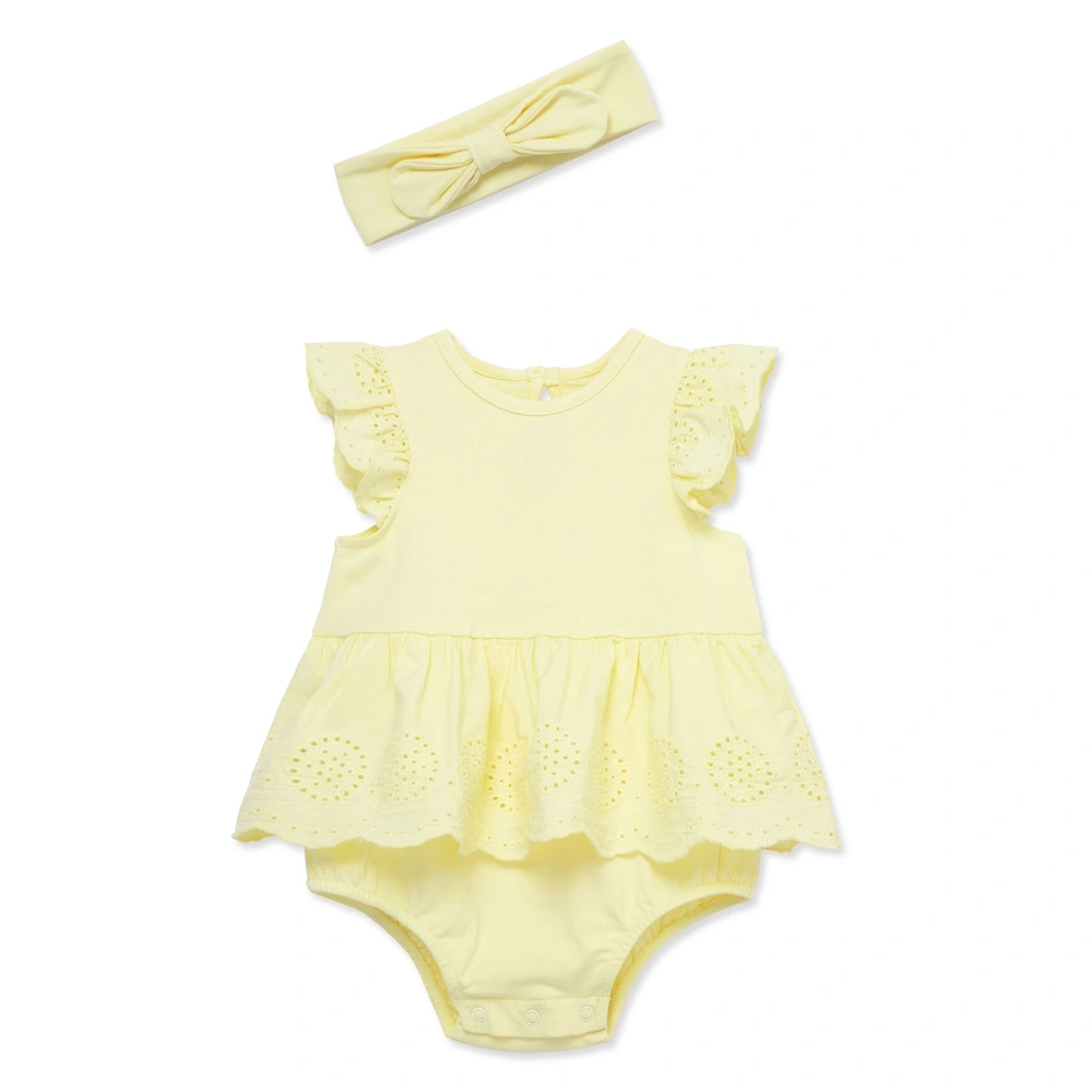 【Little Me】鵝黃竹纖維泡泡連身衣/髮帶