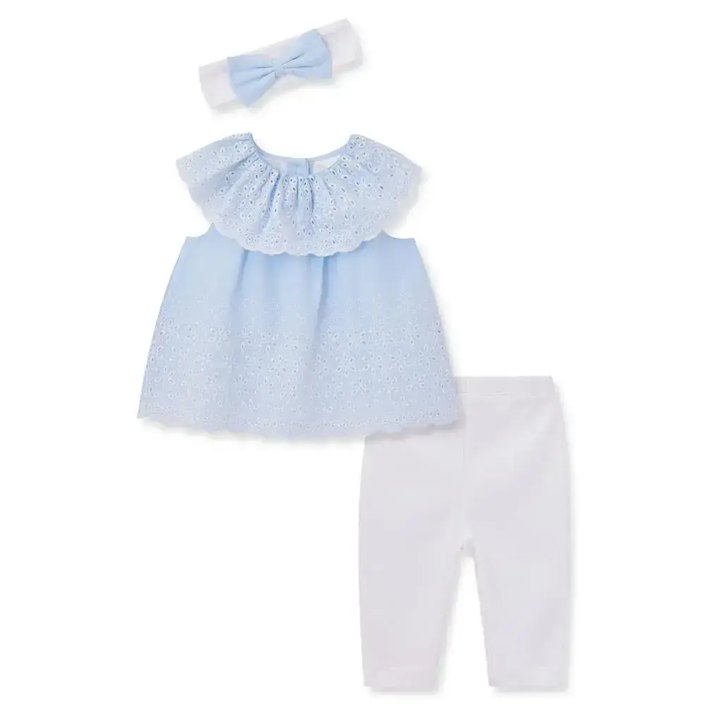 【Little Me】平織花邊上衣/長褲/髮帶