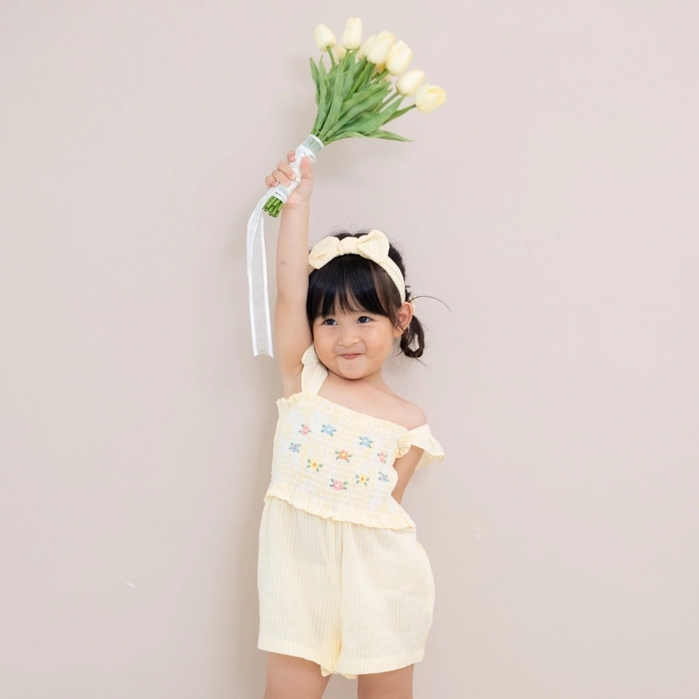 【Little Me】黃色鬆緊連身褲/髮帶