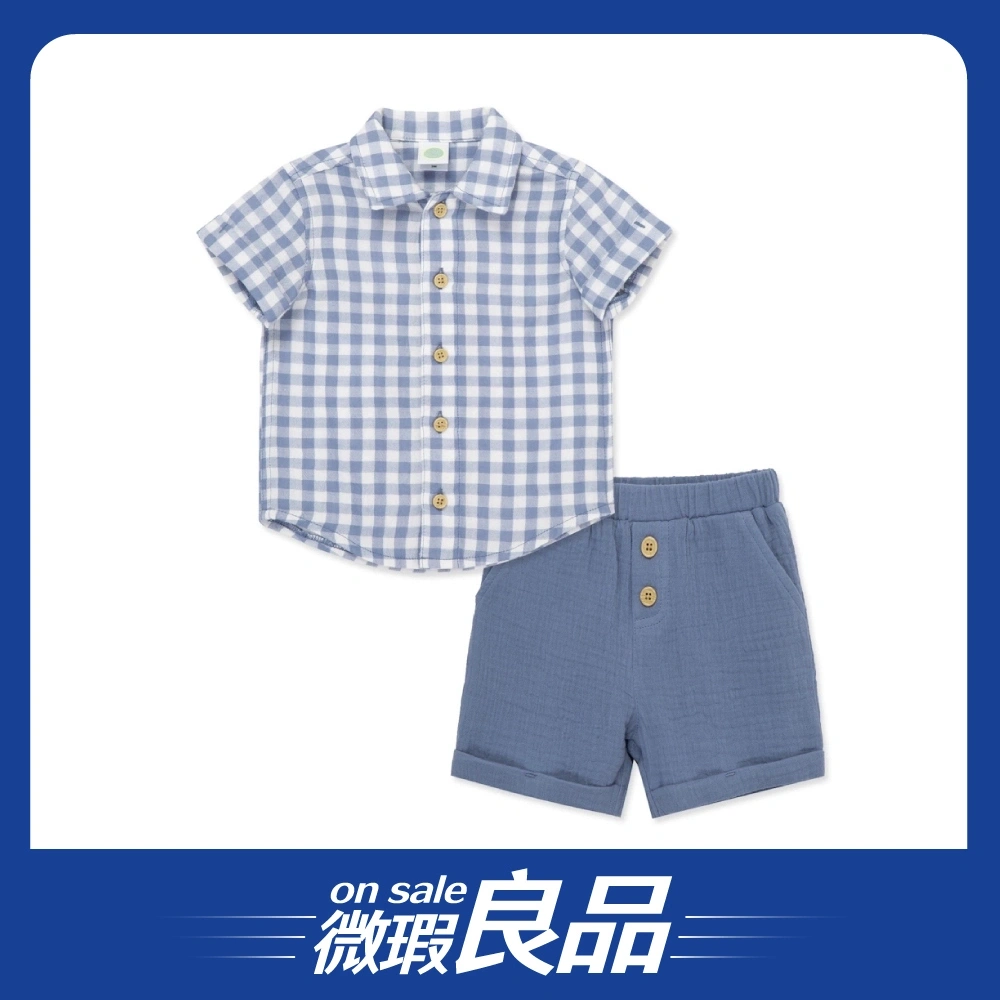 【微瑕良品】【Little Me】藍色格紋短袖上衣/褲子