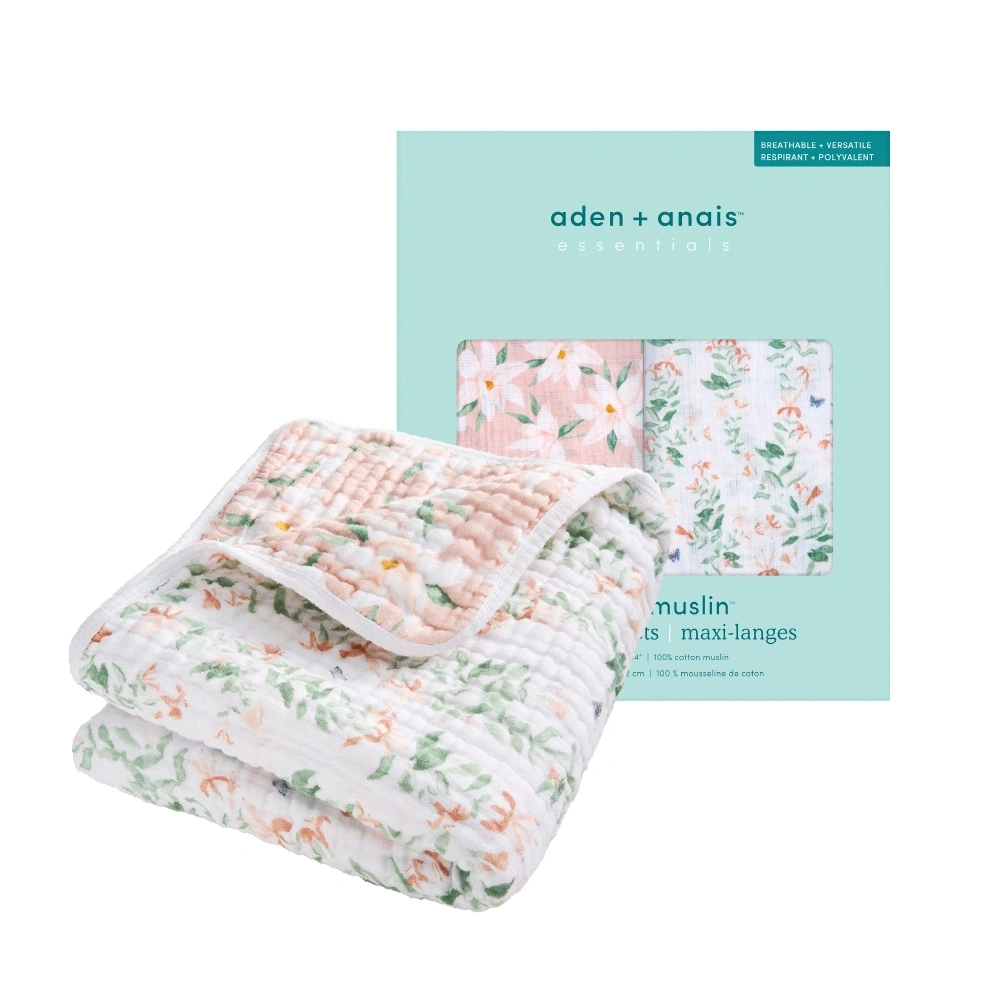 【Aden&Anais】經典四層紗毯 經典多功能包巾2入 明星商品特惠組 彩墨蝶舞款式 女寶 100%純棉 舒適透氣 嬰兒蓋毯  冷氣毯 新生兒包巾 月中愛用 溫柔安撫感  柔軟小被被 寶寶床單 尿布